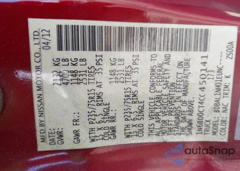 2012 Nissan Frontier S z USA, uszkodzony, nr VIN 1N6BD0CT4CC450141